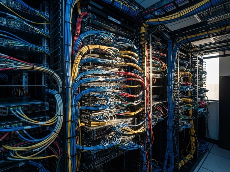 Close-up of complex server rack cabling under cool blue industrial lighting, high-contrast steel tones, wide-angle lens