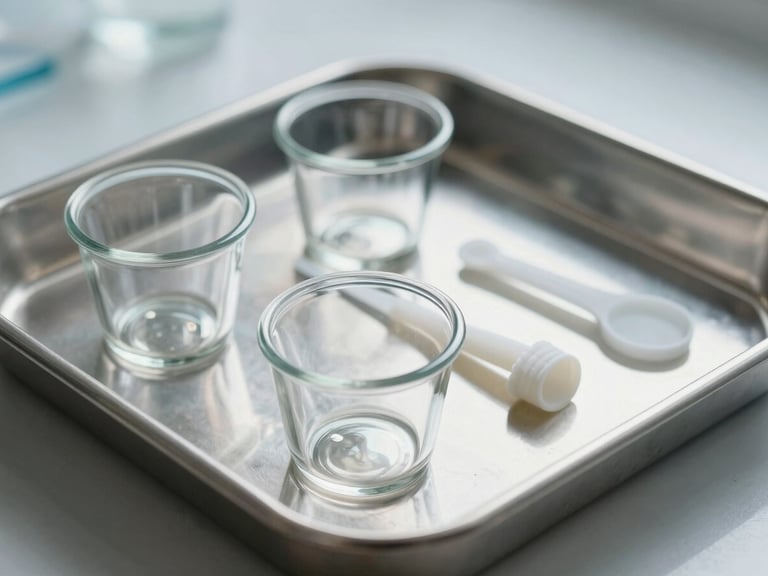 Macro shot of single-use sterile glass cups and silicone tools arranged on a pristine stainless steel tray, soft diffused daylight, clinical precision focus.