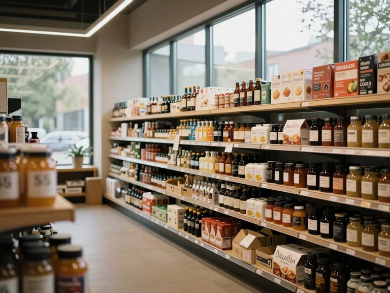Wide environmental shot of a modern Scandinavian-style grocery co-op, natural light streaming through large windows, curated wooden shelves, 35mm film.