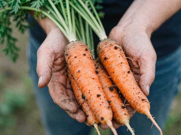 Close-up of weathered hands holding freshly harvested heirloom carrots with rich soil, soft natural daylight, organic tones, 35mm film.