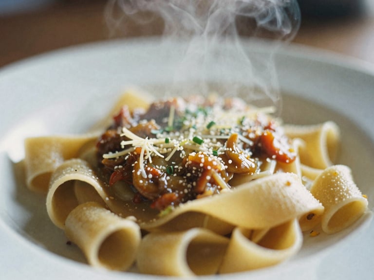 Macro shot of steam rising from a freshly plated handmade pasta dish, soft Scandinavian daylight, shallow depth of field, 35mm film.