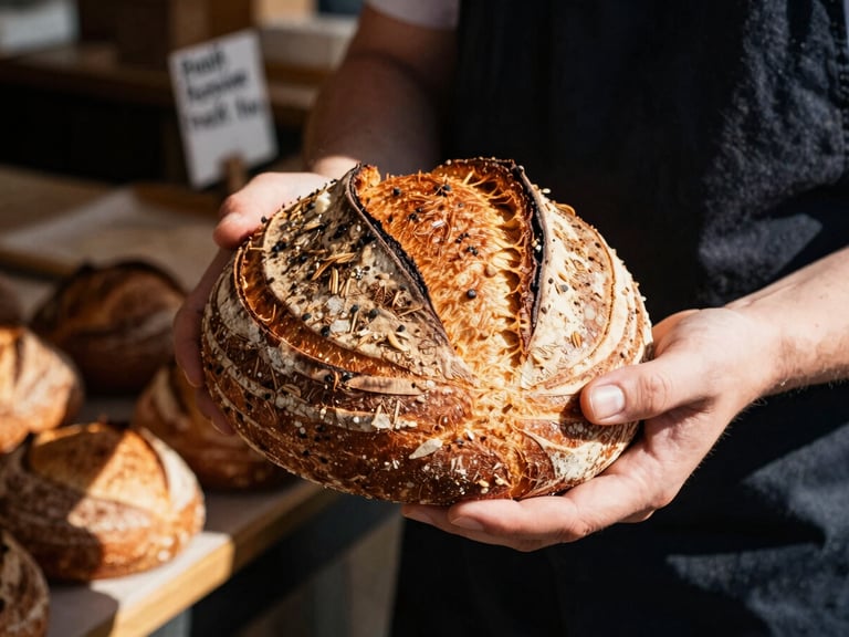 Editorial close-up of a local baker holding a fresh sourdough loaf in a sunlit market stall, high-contrast shadows, rich organic tones, shallow depth of field.