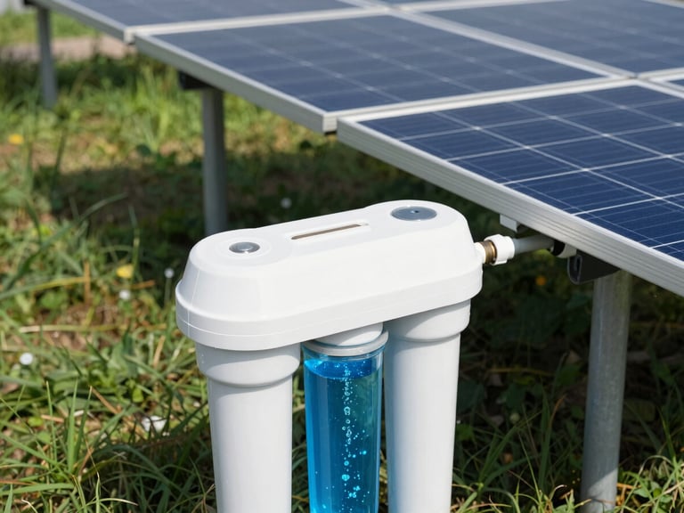 Close-up of a modern water filtration unit connected to a solar panel array, crisp clean details, vibrant blue water, high contrast, bright natural daylight.