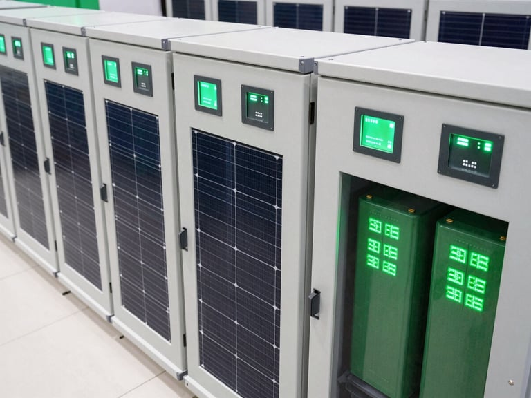 Top-down detailed shot of a solar microgrid control panel and battery storage units, clean modern design, high-tech neon-green data highlights, bright natural daylight, crisp clean details.