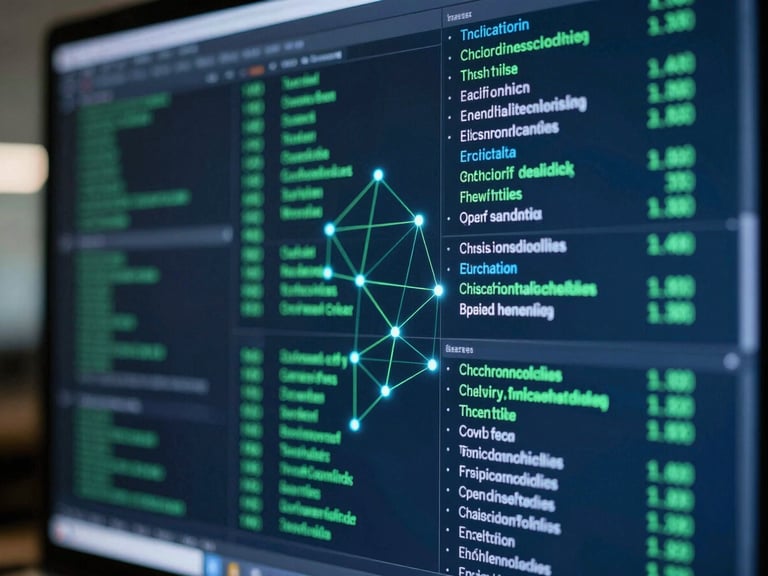 Close-up of a screen displaying complex blockchain transaction graphs with cyber-green highlights, sharp focus on digital network connections, cool-toned lighting, high-tech corporate realism.