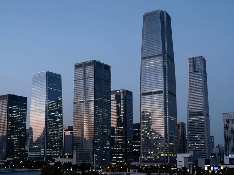 Wide environmental shot of a modern international financial district skyline at dusk, clean architectural lines, cool-toned lighting, sharp focus, deep blue and slate tones.
