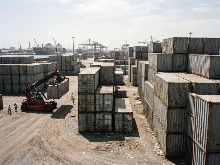 Wide-angle environmental shot of desaturated gray shipping containers stacked in a dusty port yard, harsh direct daylight, sharp shadows, high-contrast steel textures.