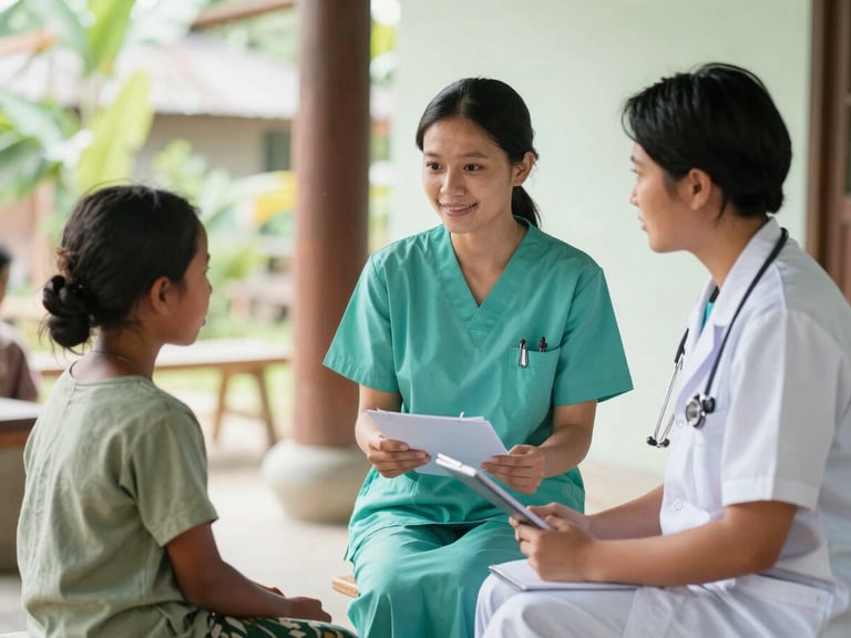 A professional health worker explaining health guidelines to a rural family in Indonesia, warm natural light, authentic community setting