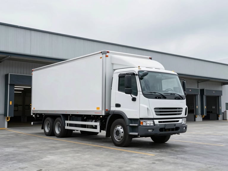 Crisp industrial photography, wide shot of a commercial delivery truck at a modern concrete loading dock, industrial warehouse exterior, cool overcast sky, 35mm