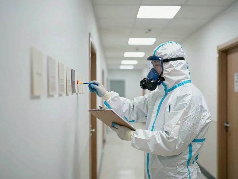 Wide environmental interior shot of a commercial building hallway being inspected — an inspector in full protective suit and respirator marks a numbered sample location on a wall, clipboard and sample kit visible, neutral fluorescent overhead lighting, clinical and procedural atmosphere