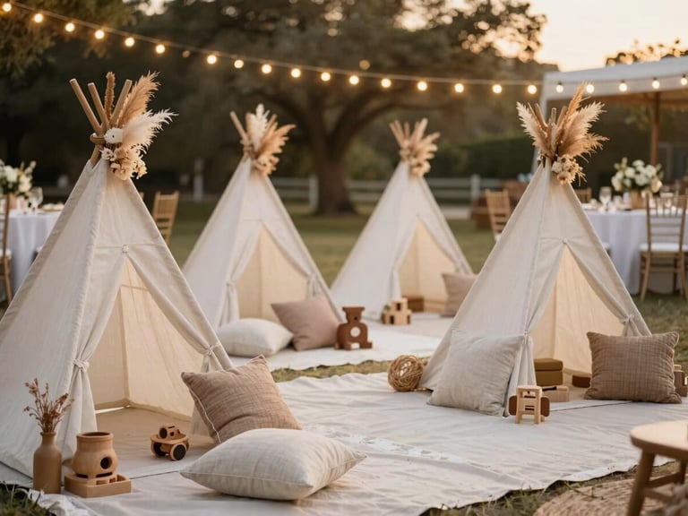 Boho-chic children's play area with canvas teepees, neutral linen pillows, dried flowers, and wooden toys under warm outdoor wedding lighting