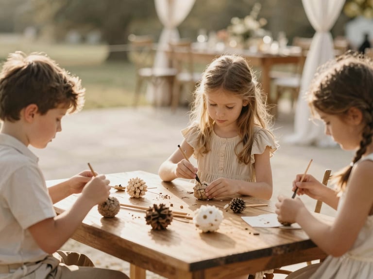 Children crafting with natural materials on a low wooden table, soft neutral tones, elegant outdoor wedding venue, warm sunlight