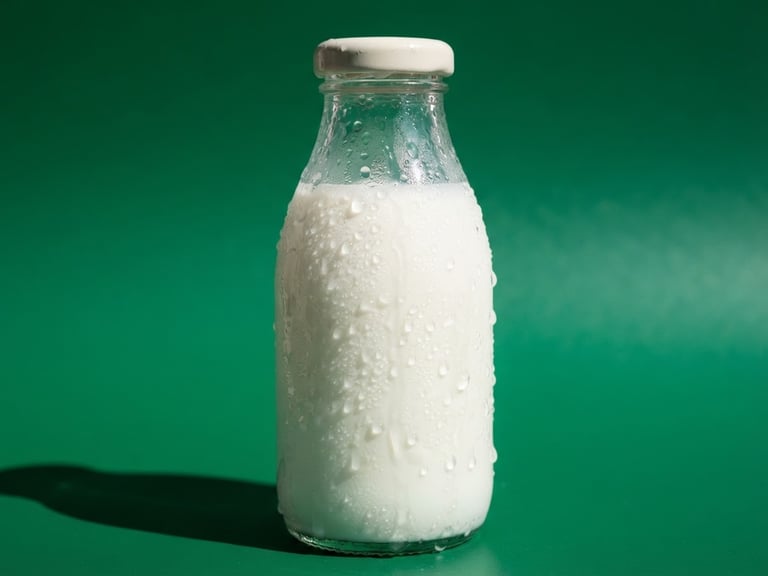 Extreme close-up of a condensation-beaded glass bottle of fresh milk against a vibrant forest green background, sharp graphic shadows, bright direct sunlight, 50mm lens.