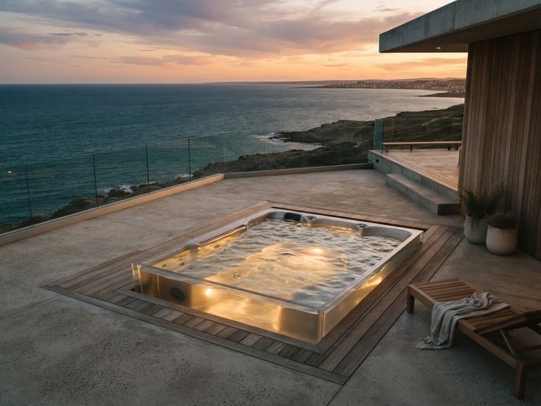 Wide environmental shot of a minimalist concrete terrace overlooking the Argentine sea at dusk, a sleek custom-built acrylic spa integrated into the deck, soft warm light reflecting on the water surface