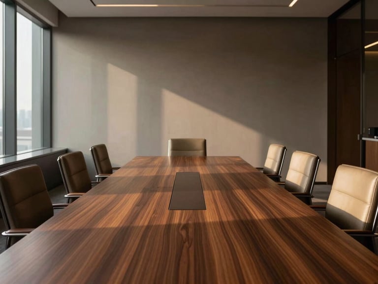 Straight-on architectural perspective of a luxury board room, custom wood veneer table, minimalist leather chairs, soft window light, 35mm