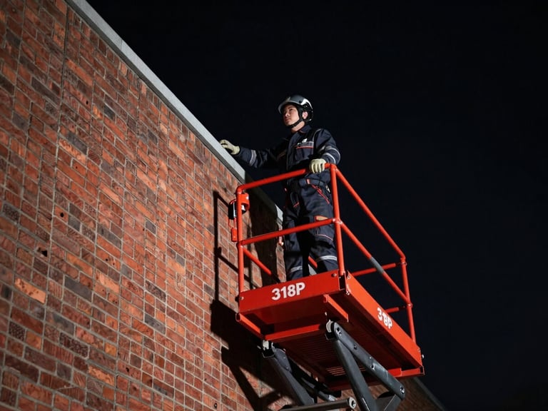 Professional technician on a hydraulic lift reaching high altitude brick wall, wearing complete protective suit, dramatic focus, high contrast, dark sky background, sharp technical photography