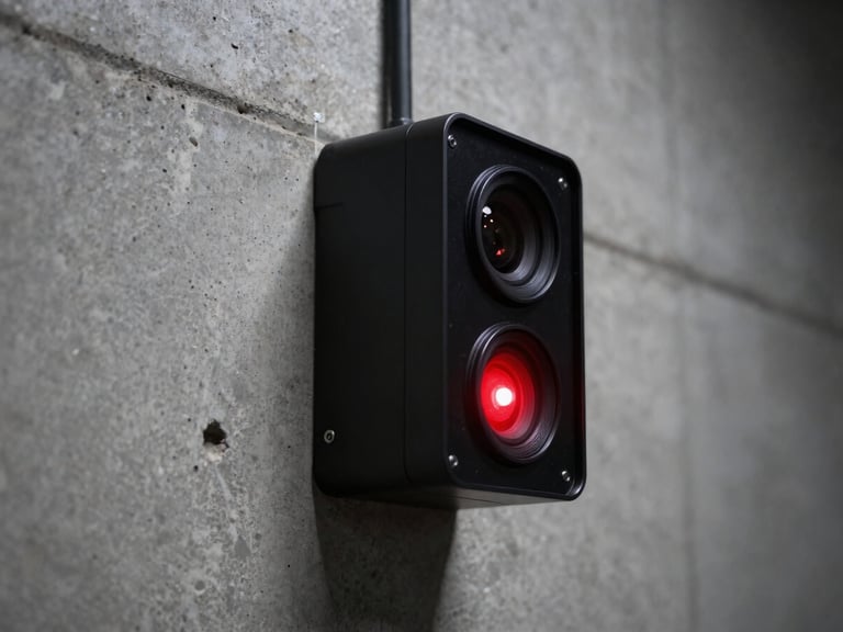 Close up of a smart digital rodent monitoring station placed along a clean concrete industrial wall, red indicator LED light glowing, high contrast, dark atmosphere, 35mm lens