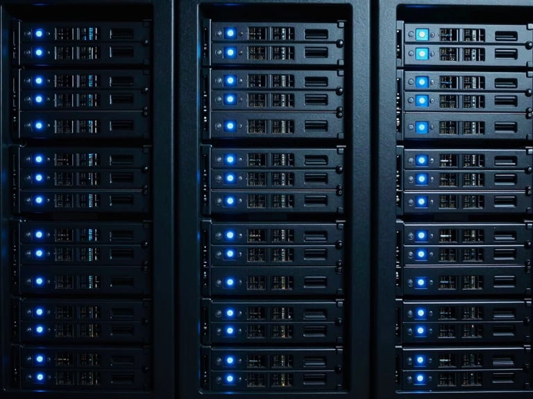 Server arrays with cold blue indicators, symmetrical framing, dark slate tones, high-density terminal aesthetic, cold cinematic photography.