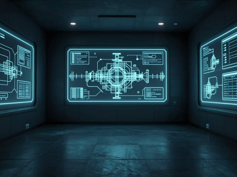 Empty high-security terminal room with structural schematics projected onto screens, cold neon glow, wide architectural symmetry, dark slate tones.