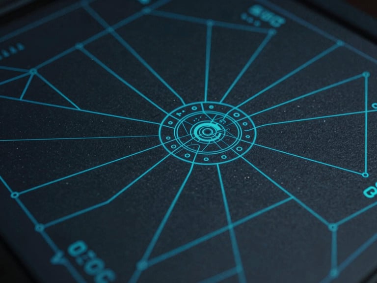Abstract quantum topological schematic with sharp cyan lines on a deep slate background, high-contrast data readout, cold cinematic photography.