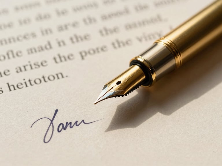 Extreme close-up of a heavy gold fountain pen resting on a signed legal petition, dramatic side-lighting casting deep shadows on thick cream paper.