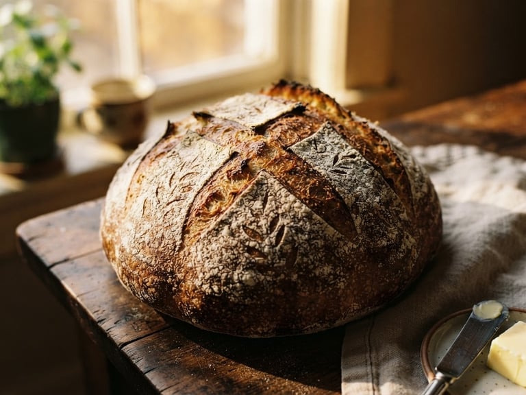 Warm editorial photography of a rustic sourdough boule with a deeply caramelized, flour-dusted crust, morning window light casting dramatic shadows, shallow depth of field, 35mm