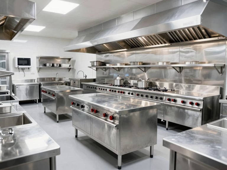 Bright industrial photography of a gleaming commercial kitchen layout, high-key lighting reflecting off polished stainless steel surfaces, sharp focus, 24mm wide-angle