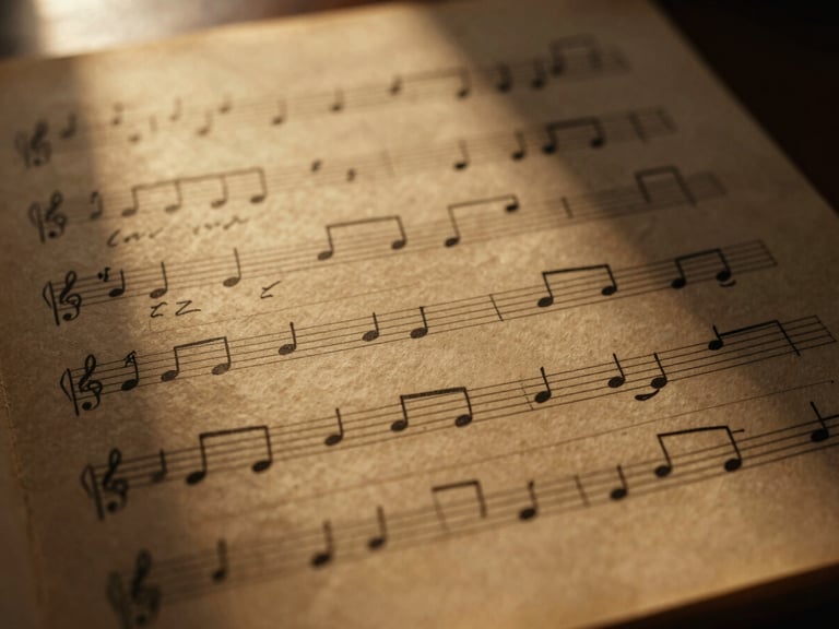 Textured, worn sheet music with handwritten annotations, illuminated by a single warm window light, macro detail, amber tones, 35mm