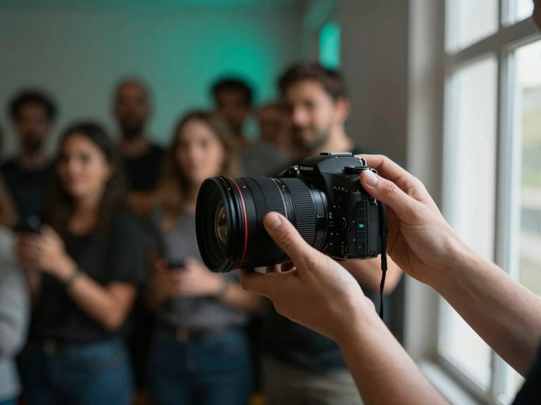 Photographer's hands adjusting a lens in the foreground, sharply lit from a window to the right, blurred event crowd glowing in vivid teal and amber behind them, intimate and deliberate framing