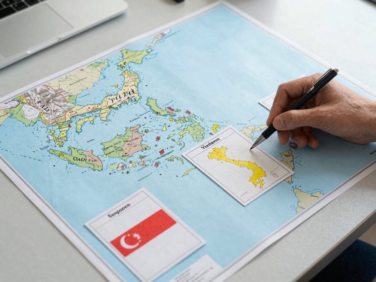 Wide-angle overhead shot of a large printed territory map spread across a light grey table under daylight-balanced fluorescent light, four labeled territory cards — Japan, Philippines, Vietnam, Singapore — placed at their respective regions, a hand pointing to one card with a ballpoint pen, no food in frame
