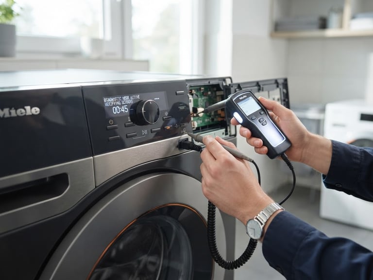 Close-up of clean hands using professional diagnostic tools on a modern washing machine control panel, bright natural indoor lighting