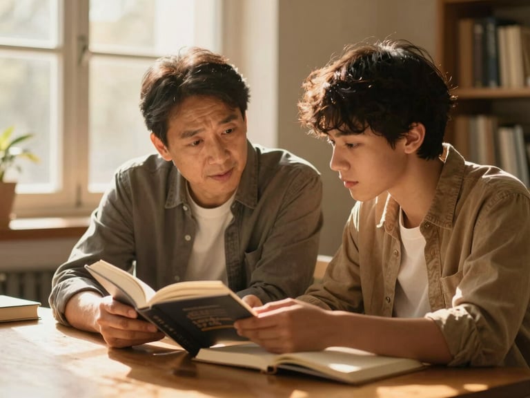 A candid medium shot of a mentor and student reviewing books together at a wooden table, warm golden hour light streaming through a window, shallow depth of field.