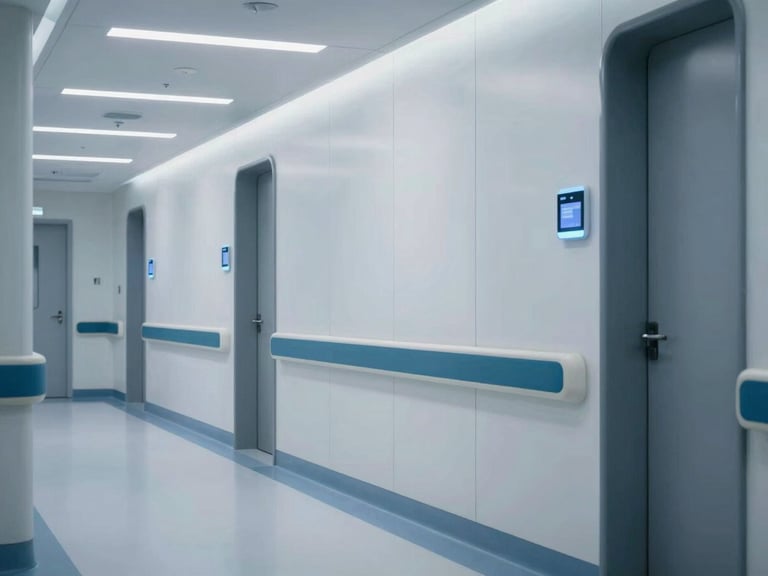 Clean hospital corridor with advanced technical panels, cool white lighting, blue ambient tones, pristine environment, cinematic 35mm