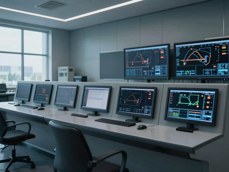Cinematic wide shot of a pristine industrial control center, technical monitors showing real-time automation schematics, cool daylight with subtle orange indicator glows.