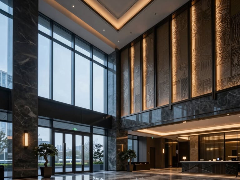 Luxury hotel lobby architectural shot, modern design, warm lighting accentuating high-end finishes, crisp daylight from large windows