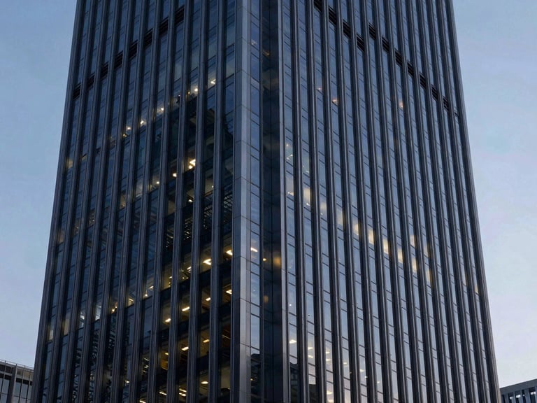 Cinematic wide shot of a modern corporate skyscraper facade at dusk, cool architectural lighting with subtle blue highlights, sharp focus, 35mm