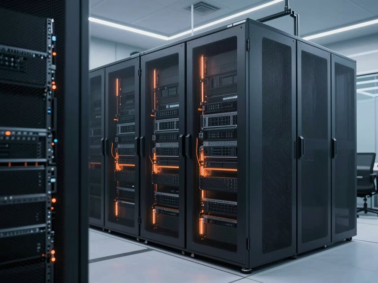 High-tech server room with subtle orange ambient glow, clean modern facility, cinematic architectural photography