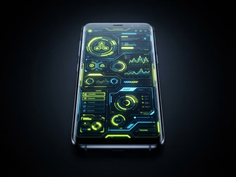 Sleek product photography of a modern Android phone displaying a crisp vector UI mockup with vibrant neon cyber-lime accents, high-contrast dark background, 35mm