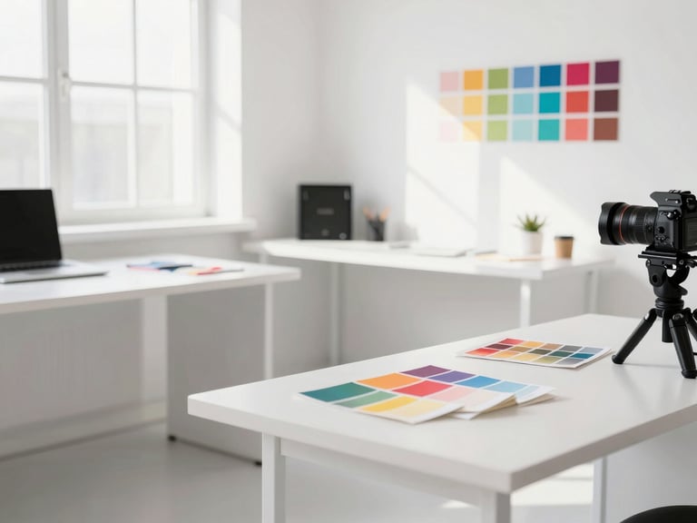 A bright, sunlit modern design studio with clean white desks, color swatches, and professional camera equipment, high-key natural daylight, 35mm lens