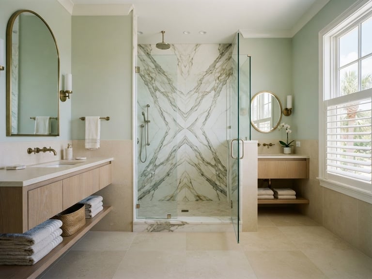 Straight-on architectural elevation of a sun-drenched Boca Grande master bath featuring large-format book-matched marble walls, bright natural coastal daylight, pale sage and sand tones, 35mm