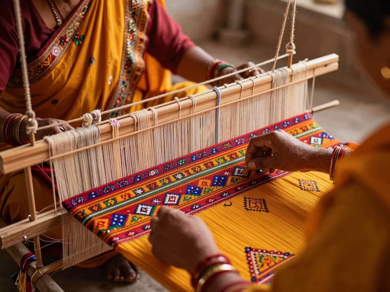 Close-up of tribal woman artisan in Chhota Udaipur weaving a traditional bright textile on a handloom, warm natural light, rich textures, 35mm lens