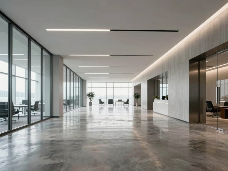 Wide-angle architectural shot of a bright, minimalist corporate office lobby, polished concrete floor reflecting soft clinical light, steel and glass partitions, ultra-clean aesthetic.