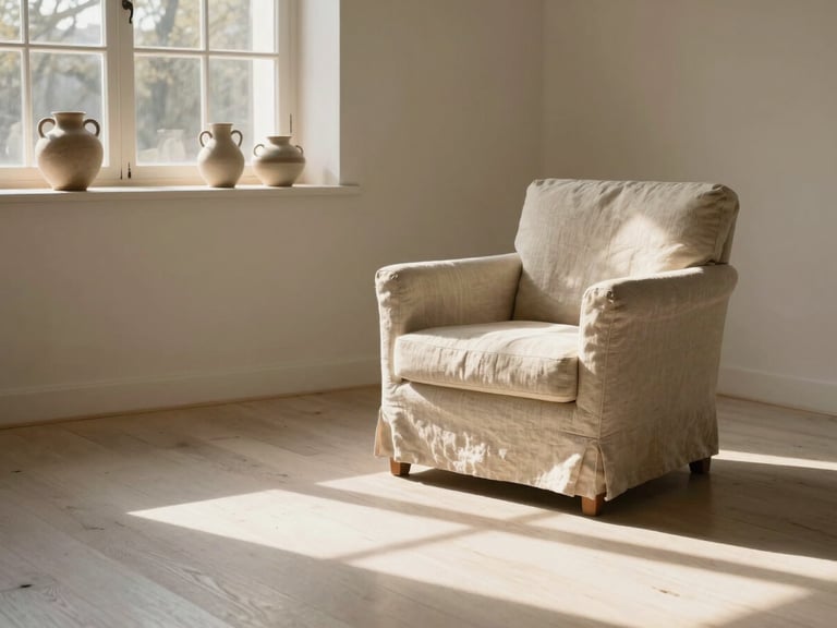 A quiet, peaceful consultation room filled with soft afternoon golden hour light casting gentle window pane shadows on white oak floors, a linen armchair, and handmade ceramics on a low shelf.