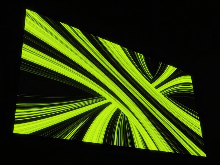 Wide dramatic angle of a premium digital screen in Bogotá displaying vibrant abstract generative art, high-contrast neon-lime highlights, deep obsidian night background.