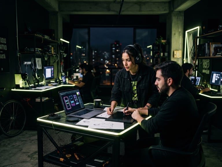 Cinematic editorial photography of a modern high-end creative workspace in Bogotá, deep obsidian background, sharp neon-lime accents, dramatic contrast, 35mm