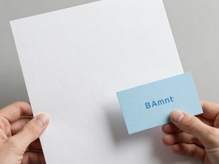 Hands holding a freshly printed letterhead and business cards, showing clean typography and soft baby blue ink on heavy cotton paper, natural daylight.