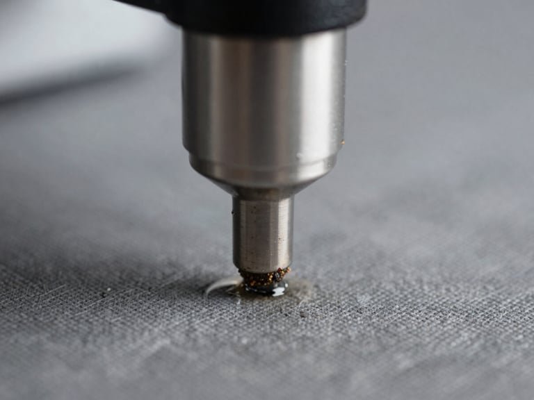 Macro shot of a high-end extraction machine nozzle drawing dirt and water from a textured gray fabric, showing professional precision and cleanliness, natural lighting.