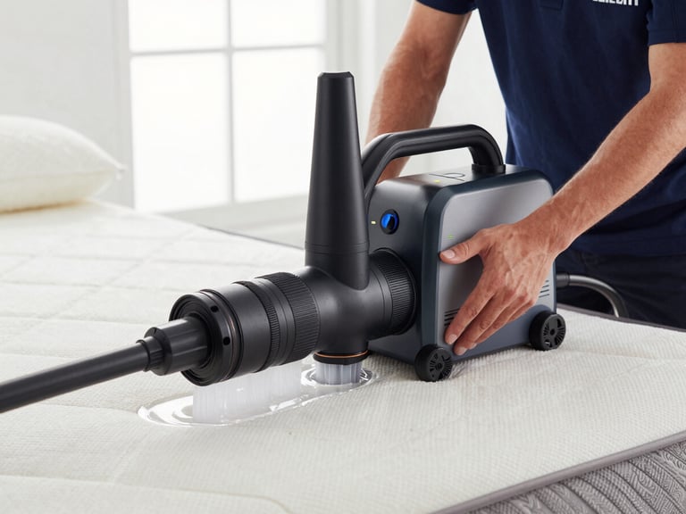 Macro shot of a high-end, modern water extraction machine being operated by a professional technician in a clean, branded uniform on a premium mattress, showing the powerful extraction of moisture, bright natural lighting.