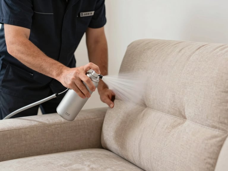 Professional technician in a clean dark uniform carefully applying a protective spray to a premium beige sofa using high-end equipment, bright daylight.