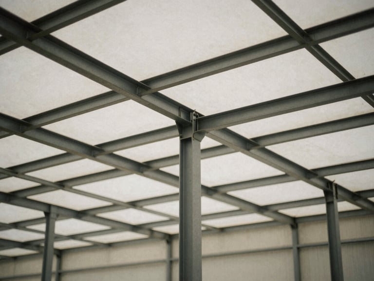 Architectural interior of a clean, structured warehouse with geometric steel beams and soft diffused light